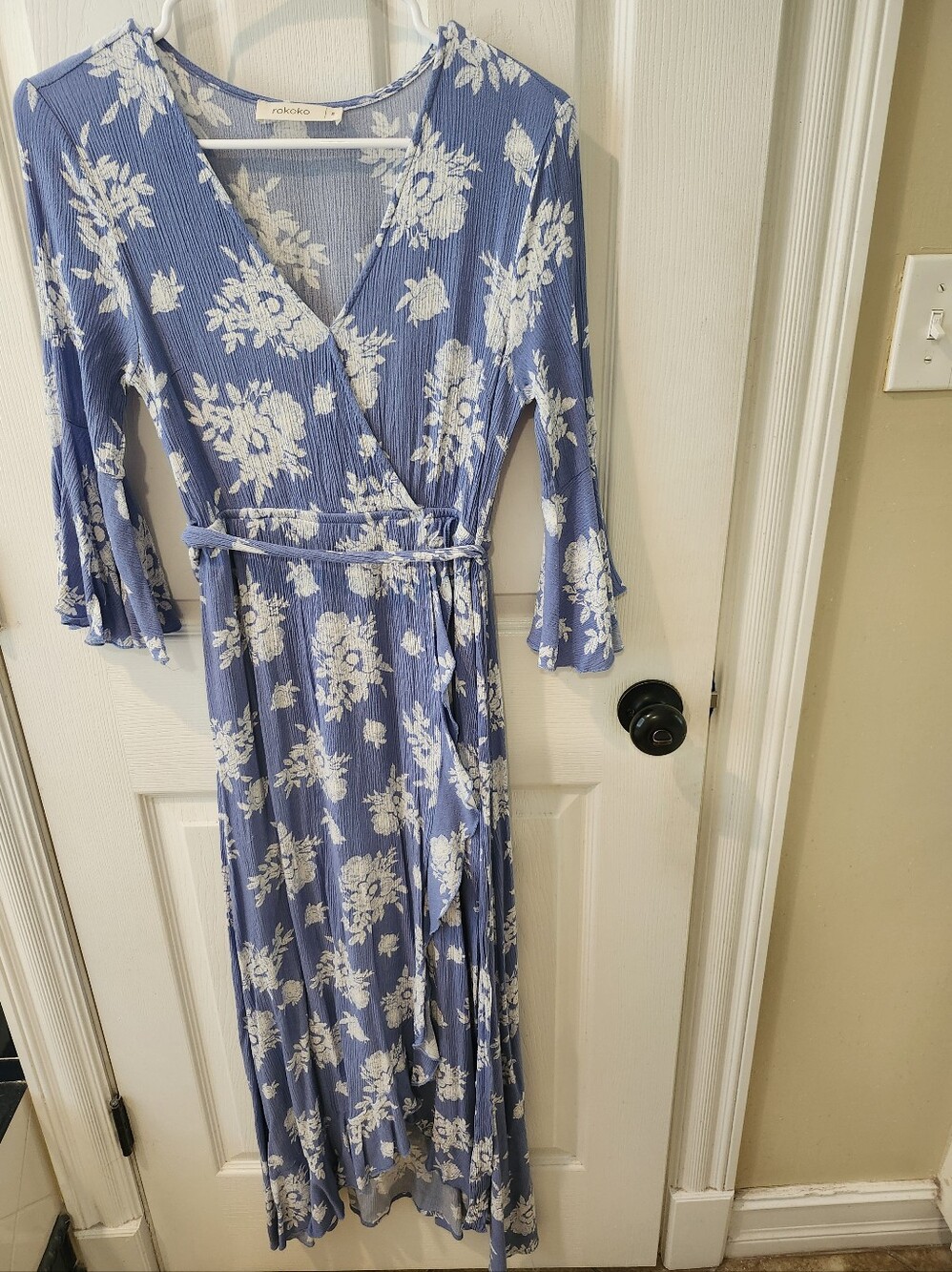 Rokoko S Blue Floral Faux Wrap Dress